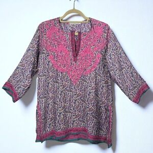 Gretchen Scott Embroidered Tunic Top‎ Floral Print Bohemian Blouse Woman Medium